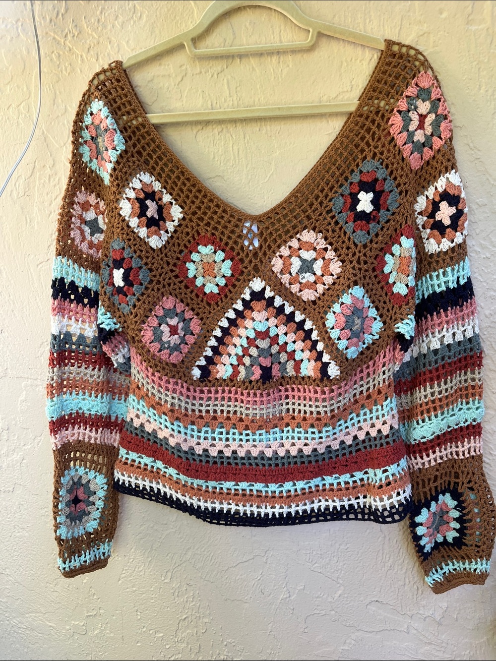 Brown Crochet V-Neck Sweater with Multicolor Accents